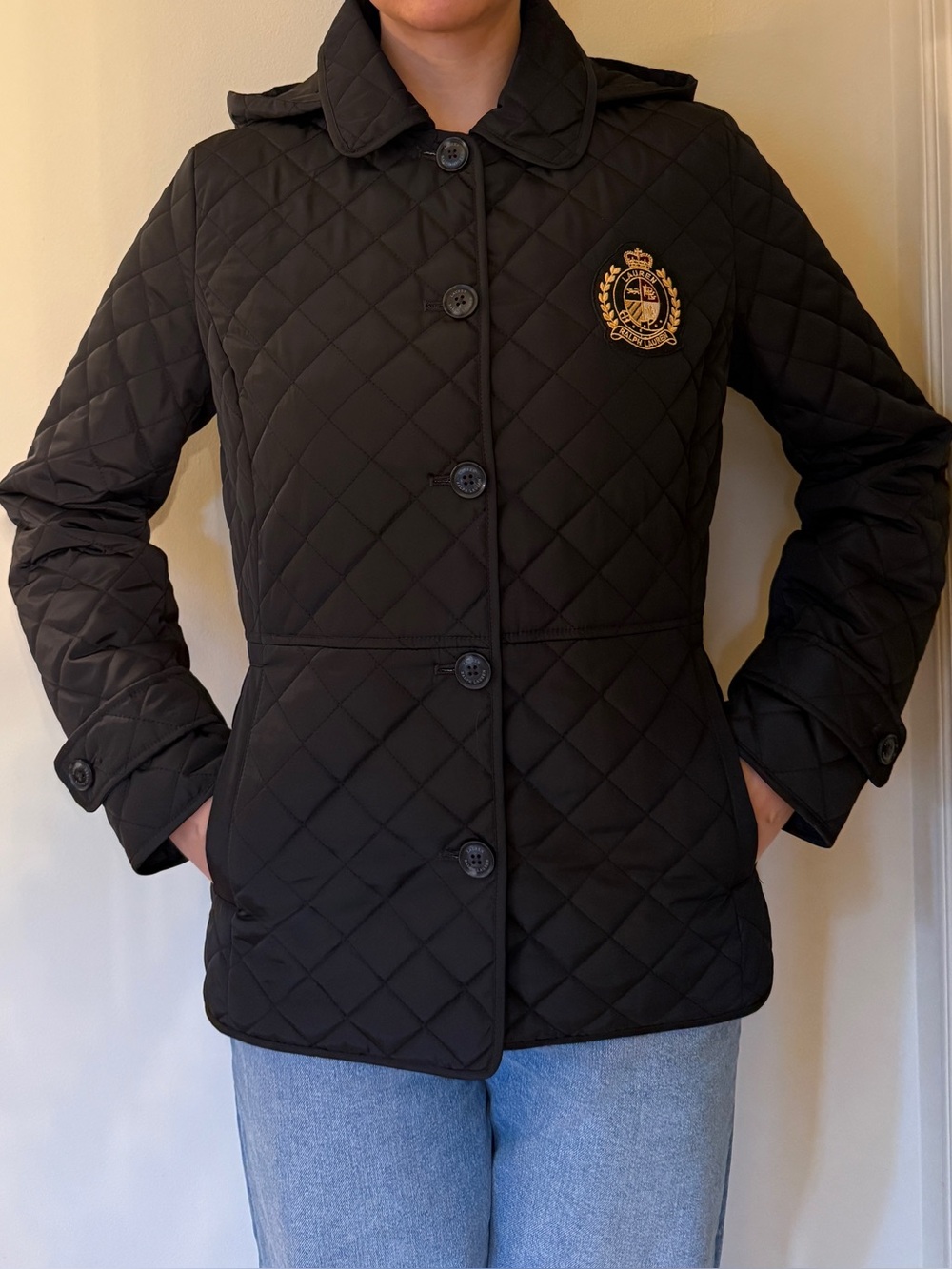 NWT Lauren Ralph Lauren Black Quilted Jacket Detachable Hood Gold Crest